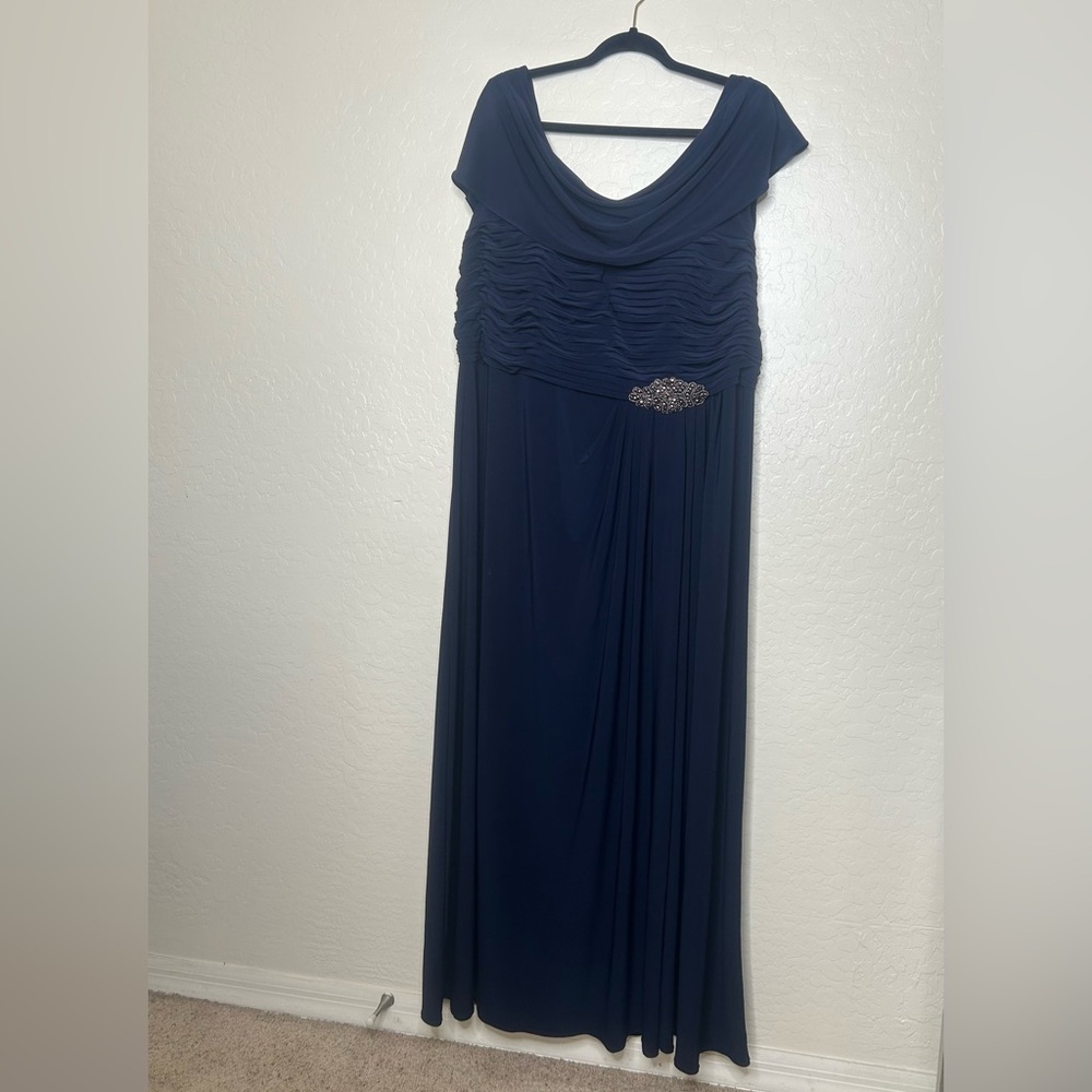 Alex Evenings 20W Long Navy Gown Cowl Cap Sleeves Maxi Slit Jersey Plus Size - Picture 5 of 8